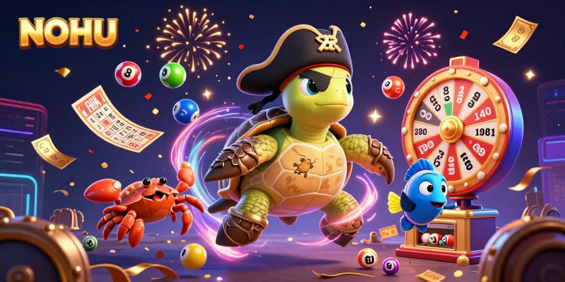 NOHU-themed illustration of a vibrant cartoon pirate turtle and friends celebrating above lots of casino elements.