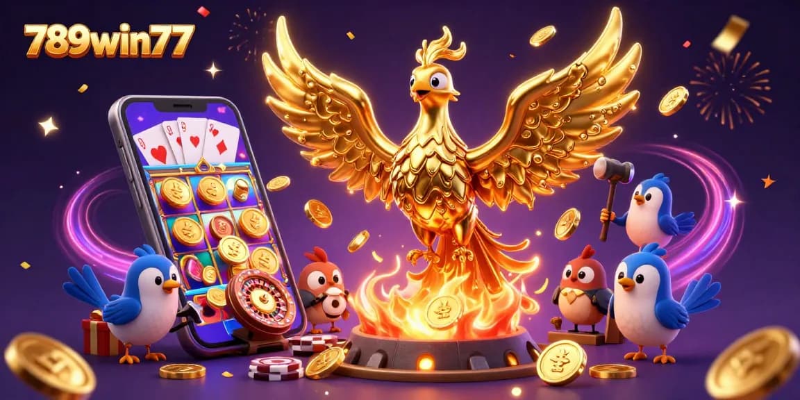 Experience excitement with 789win77 as the golden phoenix emerges in a vibrant 3D casino scene.