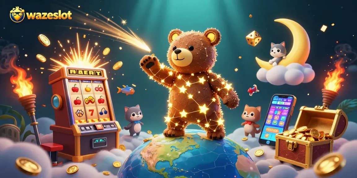 Play and win big with WAZESLOT's exciting slot games showing glowing jackpots and vibrant graphics