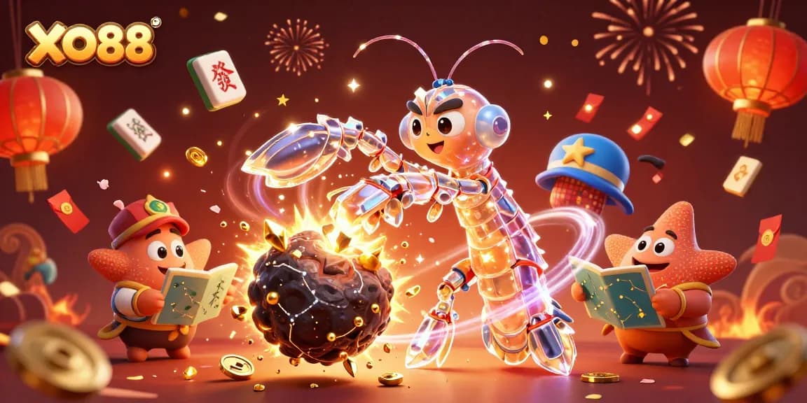Win big at XO88 with a 3D scene featuring a galactic mantis shrimp amidst vibrant casino elements.