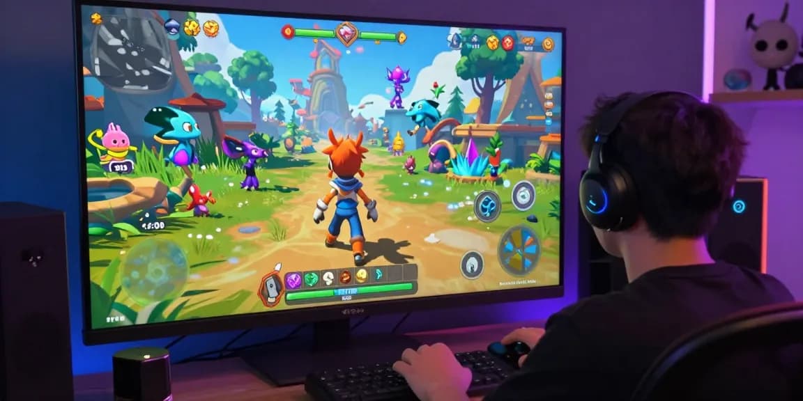 Dynamic scene of a character exploring colorful hentai games online with immersive fantasy elements.