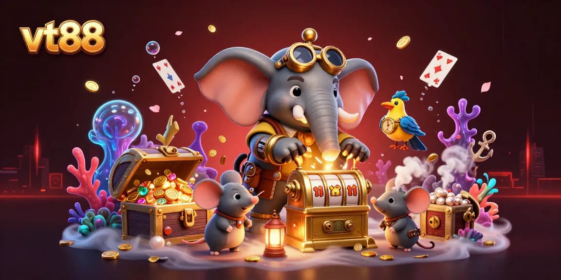 Spin the golden slot machine with vt88's steampunk elephant engineer in a colorful casino adventure.