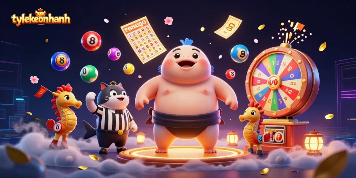 Engage in exciting gameplay at tylekeonhanh with vibrant lottery balls, cash prizes, and dynamic illustrations.