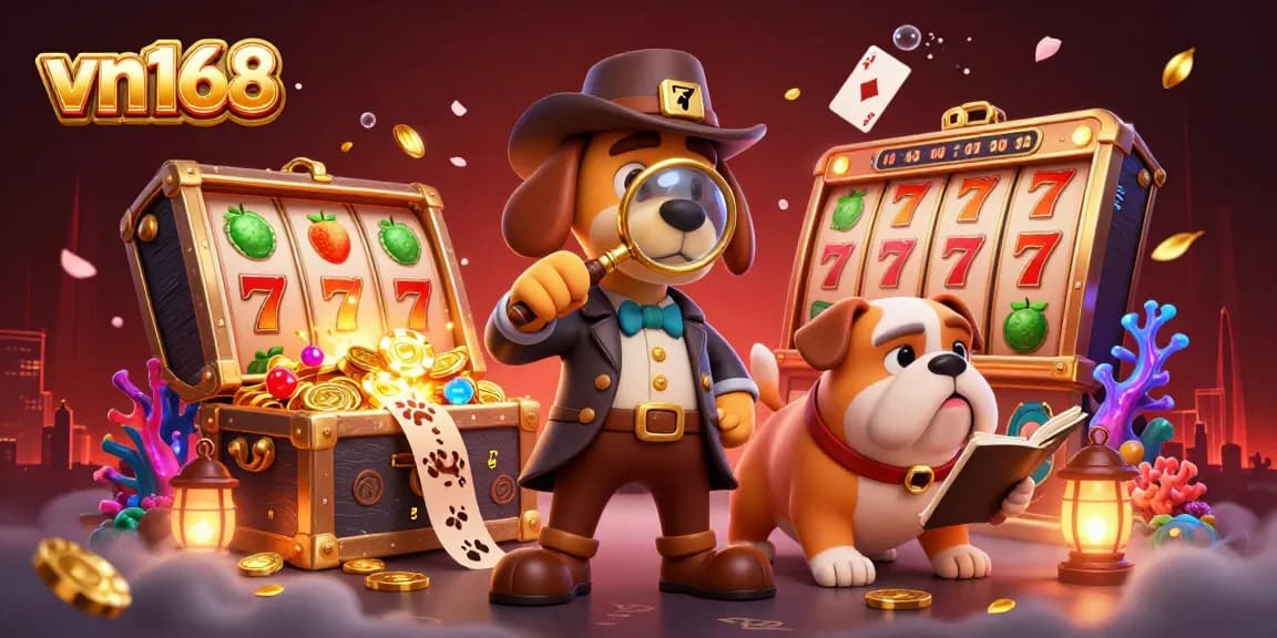 Experience thrilling slots gameplay with vn168's vibrant night scene featuring a detective and bulldog amidst golden treasures.