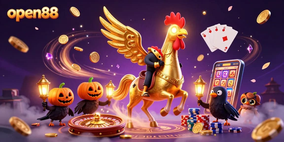 Experience thrilling gameplay with open88's vibrant 3D golden rooster in a dazzling casino scene.