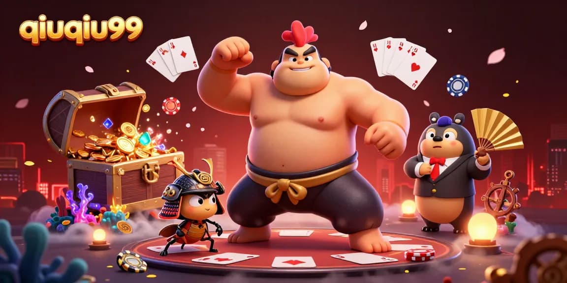 Get ready to win with QiuQiu99 in this dynamic poker-themed illustration featuring engaging game elements.