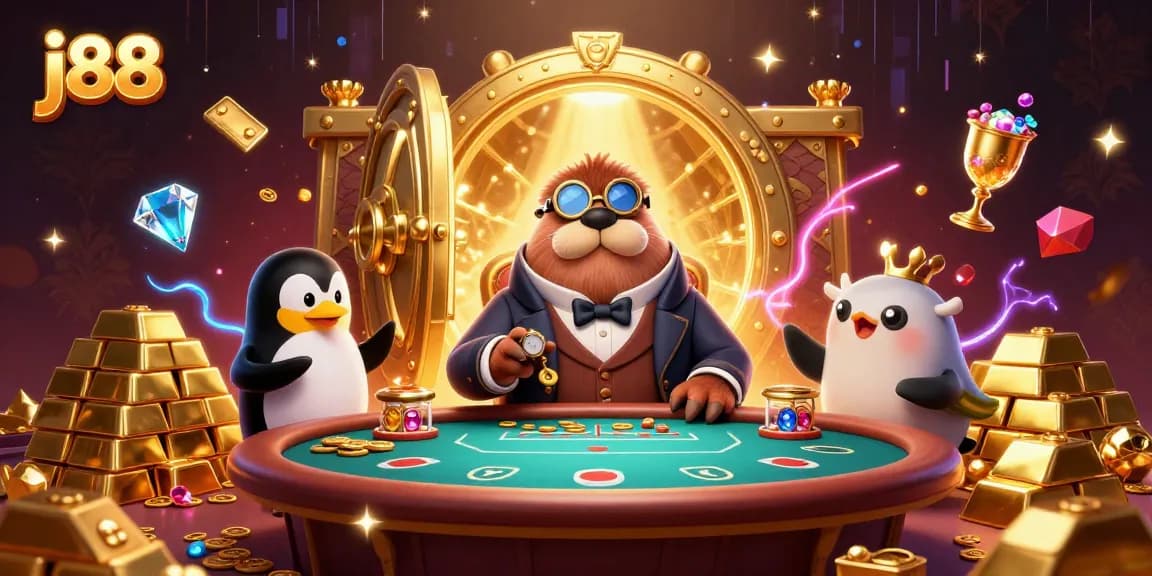 Experience the thrill of j88 gambling with a walrus and penguin at a dynamic poker table.