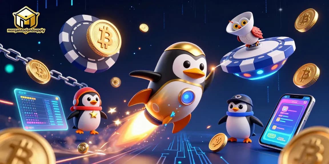 Spin slots at morgantoolandsupply with a golden penguin and poker chip casino in vibrant space.
