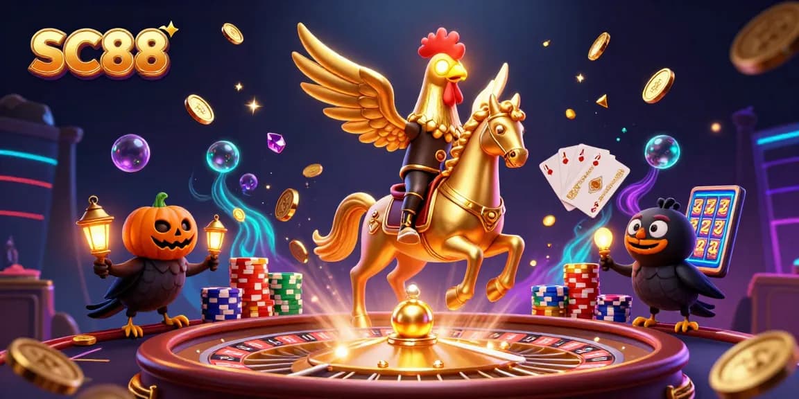 Join the SC88 experience with a golden rooster headless horseman in a vibrant casino scene, winning big!