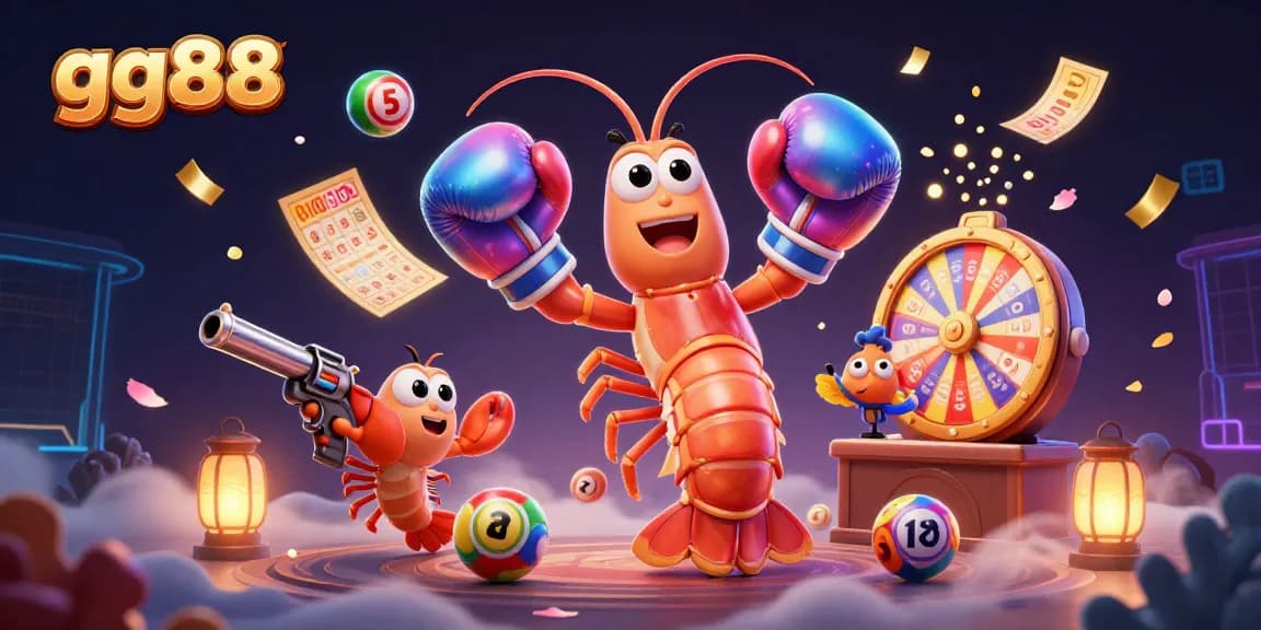 Engage with the action of gg88's lottery environment featuring vibrant characters, flying lottery balls, and dynamic game elements.