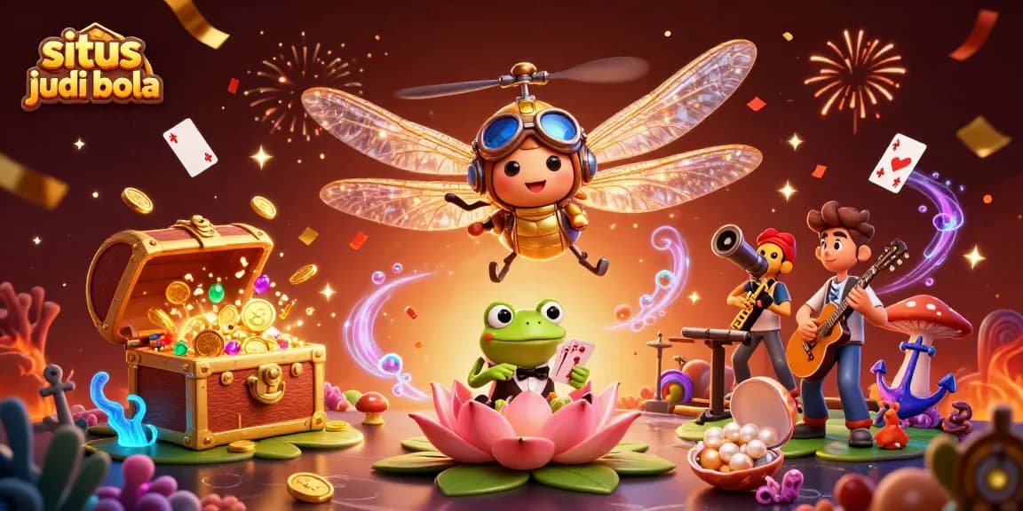 Swing into situs judi bola action with a lively scene of a dragonfly pilot and frog croupier in a vibrant lily pad casino.