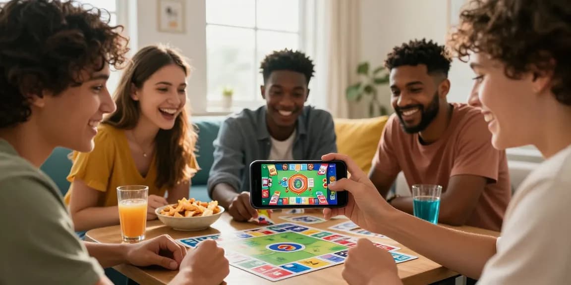 Engaging group of friends playing Card Rummy on mobile at https://cardrummy.org.pk/, featuring vibrant game graphics and a lively atmosphere.