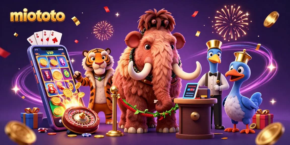 Engage with miototo through an exciting 3D casino scene showcasing a mammoth bouncer and vibrant game elements.