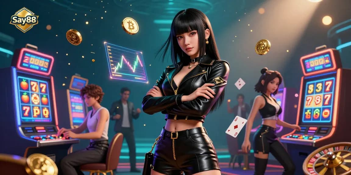 Experience the excitement of gambling with Say88 slot games in a vibrant 3D casino scene.