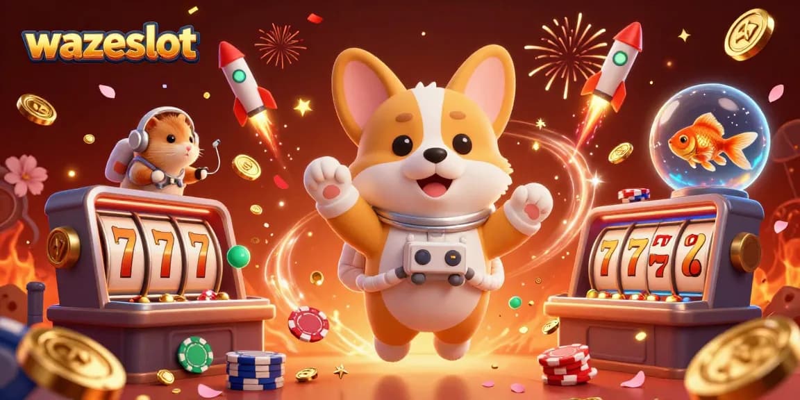 Engage with wazeslot’s vibrant casino adventure featuring a 3D astronaut corgi floating amid slot reels and colorful confetti.