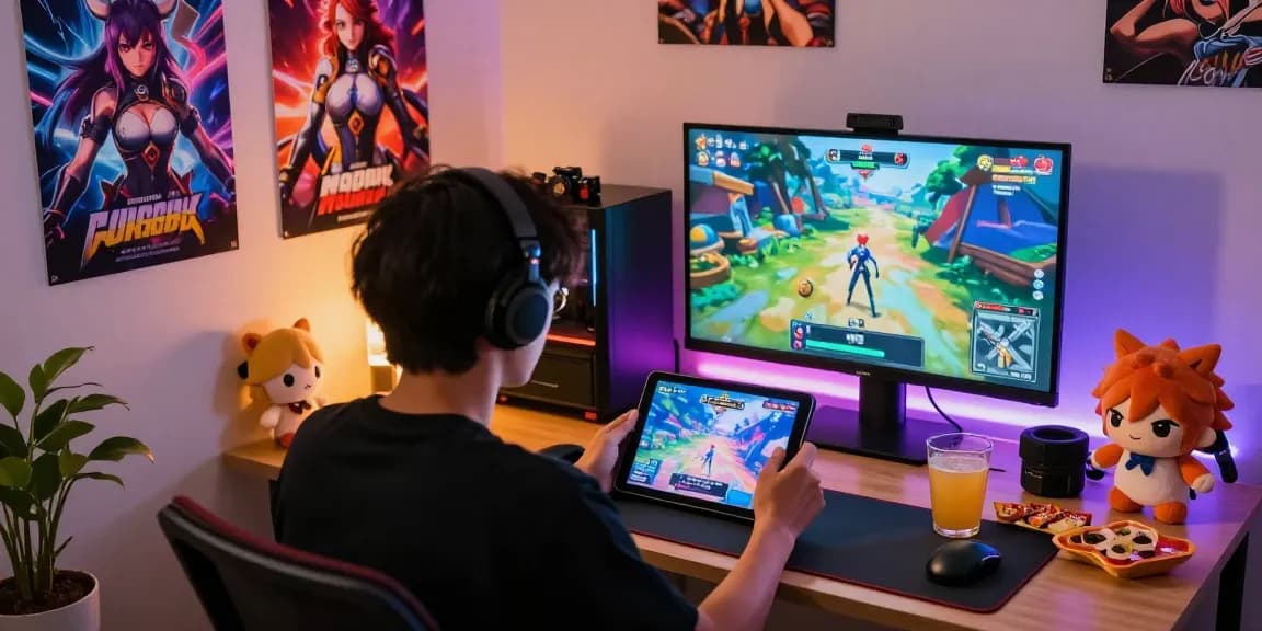 Immersive scene of a person enjoying an android hentai game in a cozy gaming setup.
