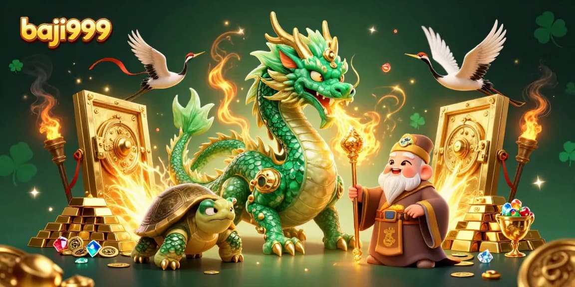 Experience thrilling gaming with baji999's vibrant 3D illustration of a jade dragon and golden treasures.