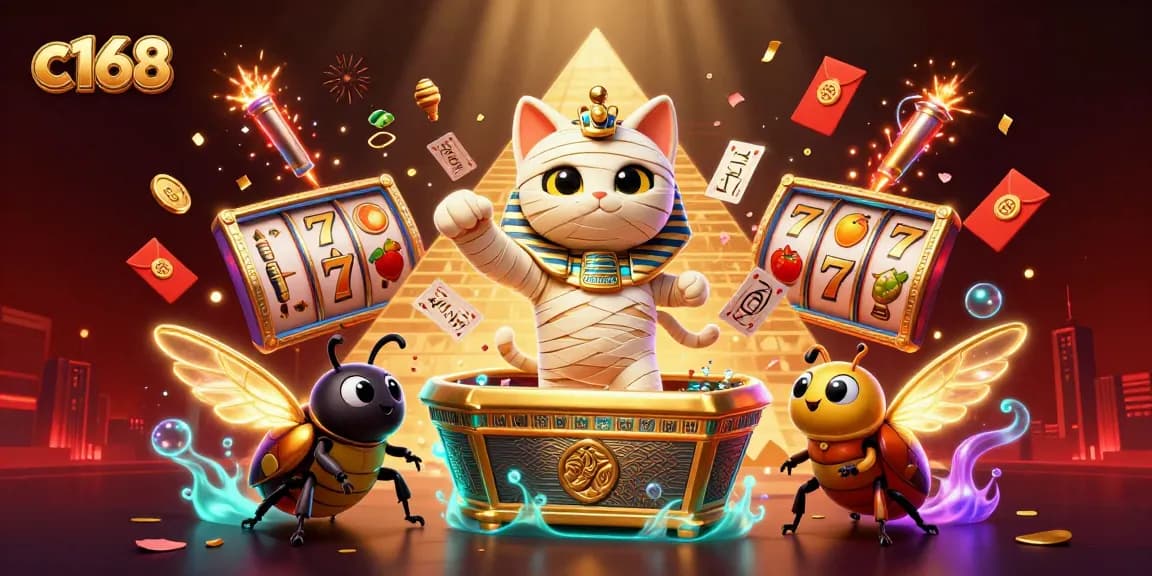 c168 engages players with thrilling slot reels in a vibrant pyramid casino scene.