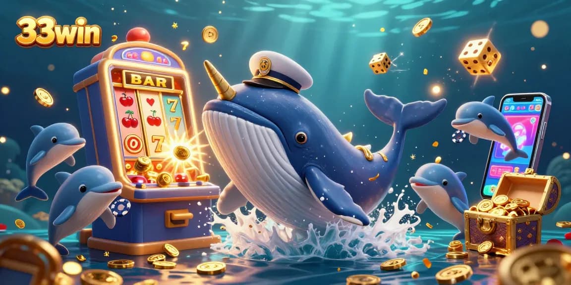 Engage with 33win's thrilling casino adventure featuring a vibrant scene of colorful characters and jackpot excitement.