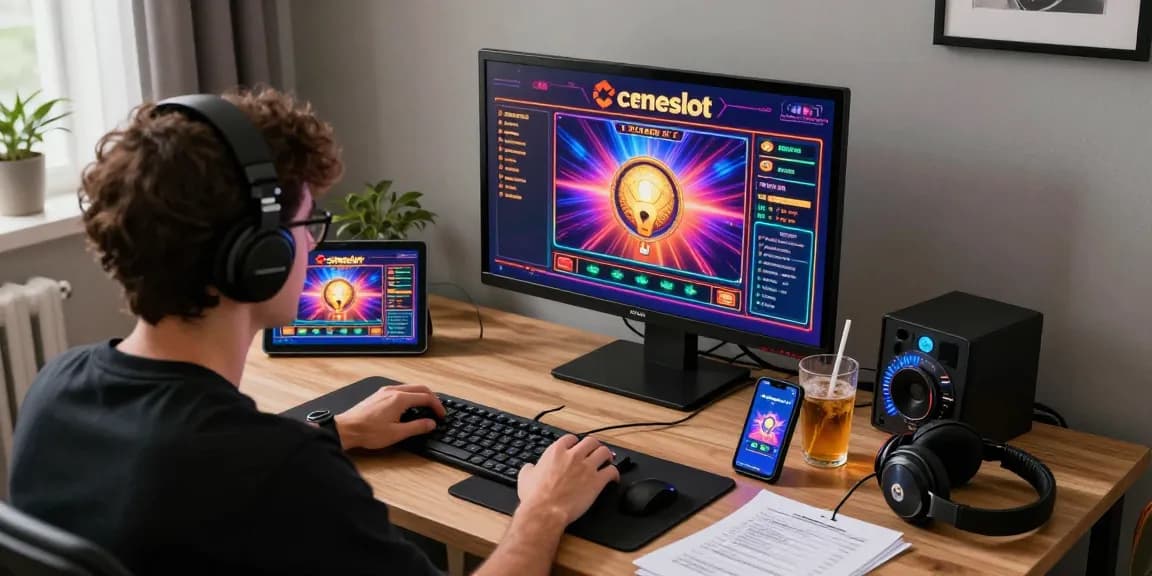 Engaged player enjoying Login Cemeslot Resmi with vibrant slot graphics and gaming devices around.