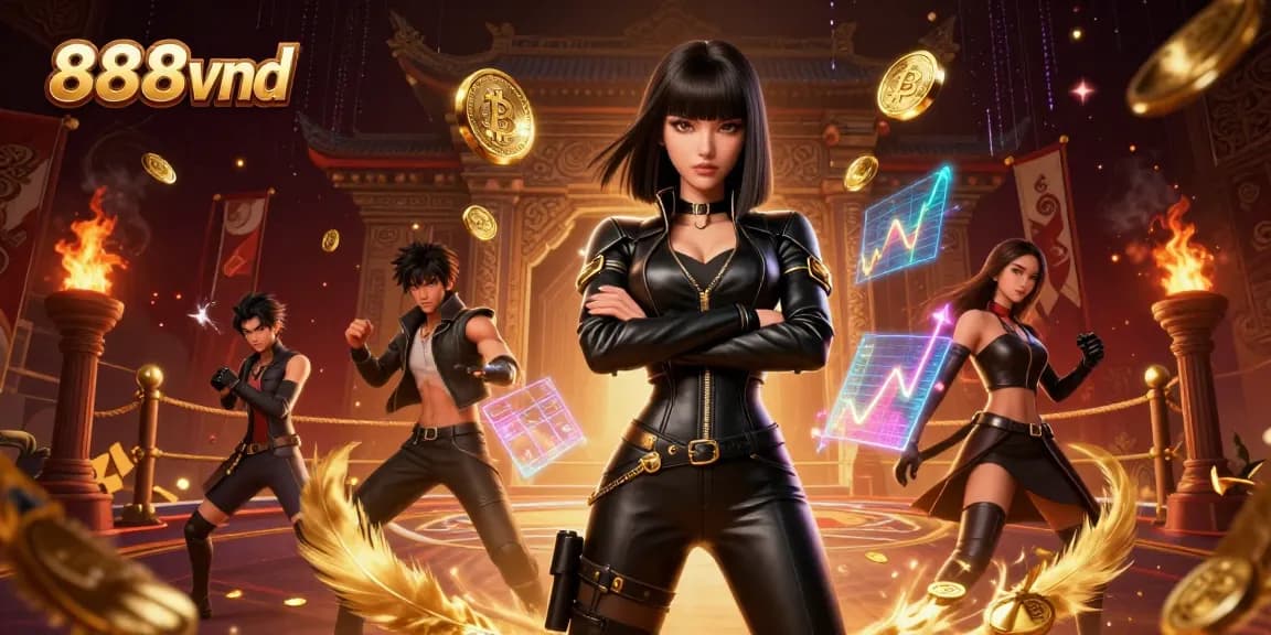 Experience thrilling gaming at 888vnd with a powerful character standing amidst gold coins.