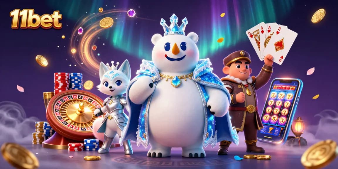 Spin to win big with 11bet's vibrant casino experience featuring a royal polar bear and fox!