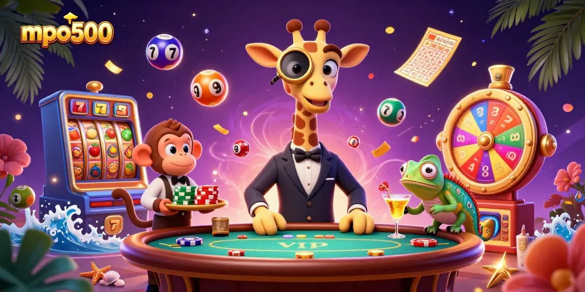 Experience excitement at mpo500 with a vibrant 3D casino scene featuring a high-roller giraffe and colorful game elements.