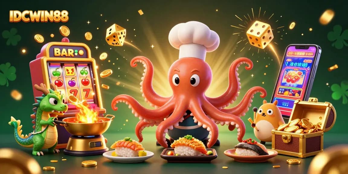 Experience the thrilling slots with IDCWIN88, featuring an octopus chef and dragon in 3D illustration.