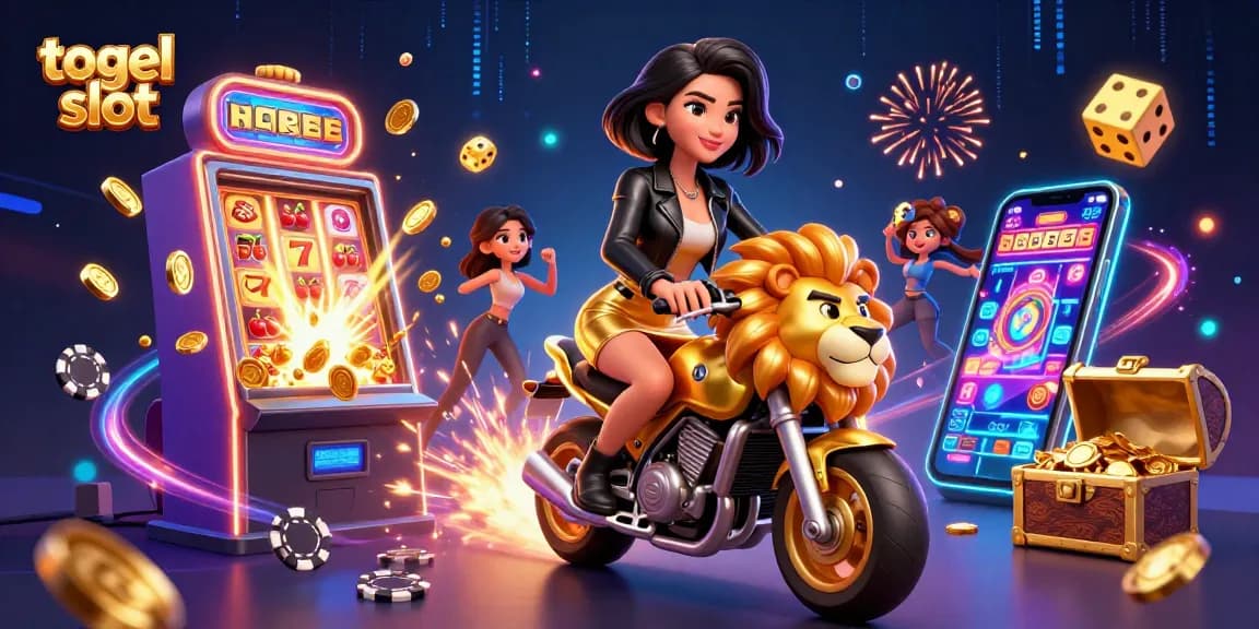 Experience thrilling togel slot action with a glamorous Asian woman riding a golden lion mascot amidst dynamic casino elements.
