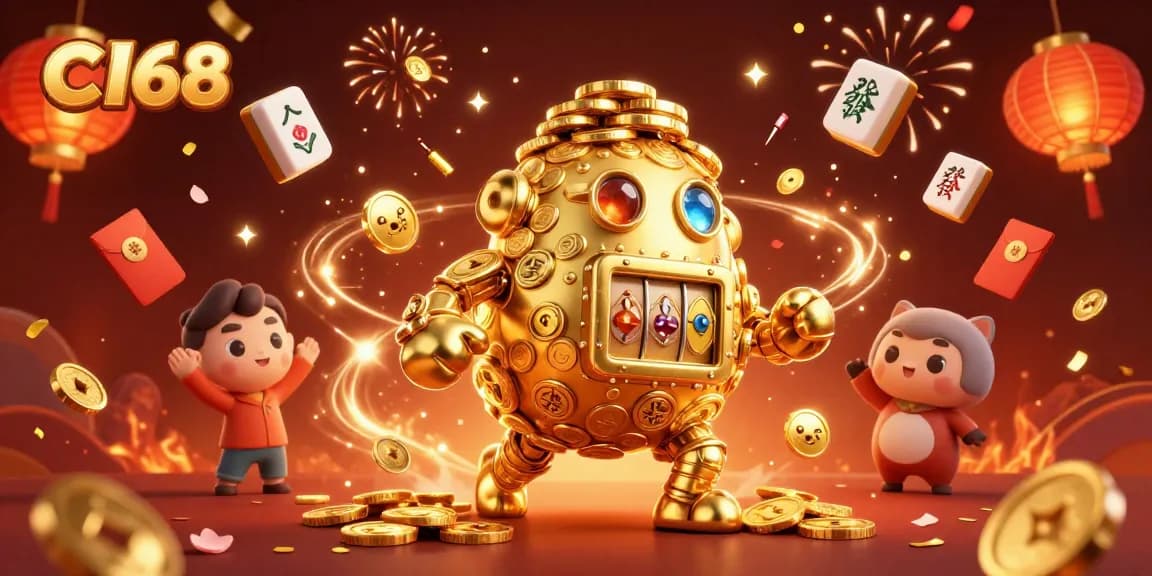 C168 brings to life a vibrant casino scene featuring a golden golem and floating game elements, enticing players.