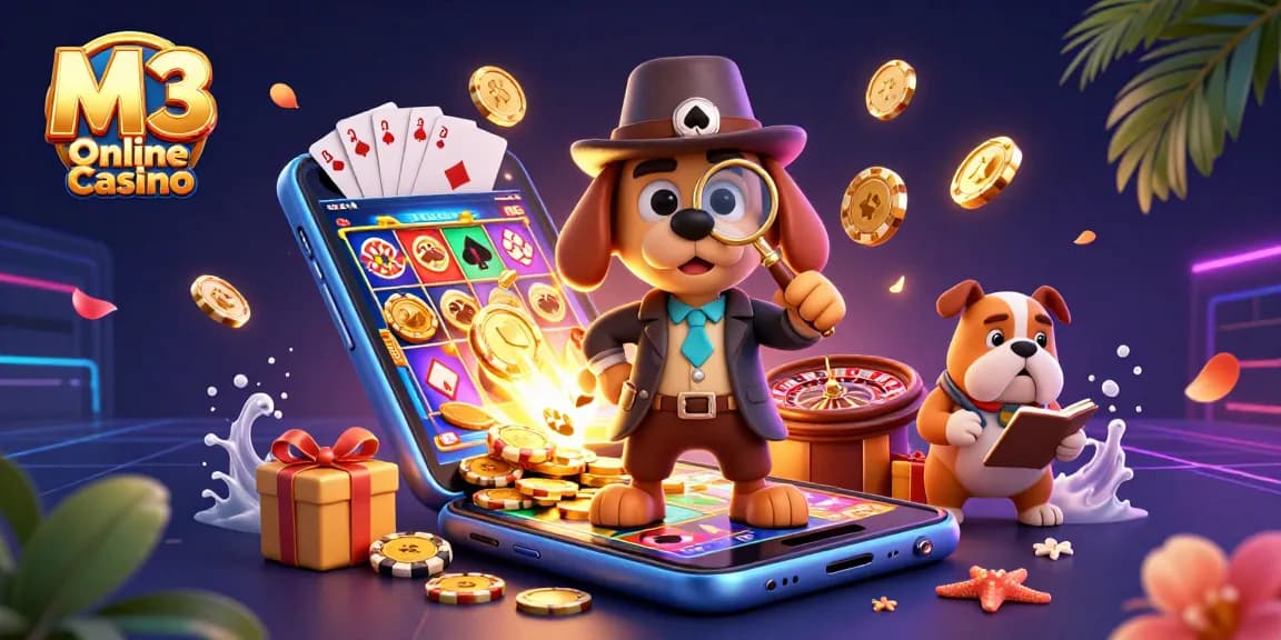 M3 Online Casino features a detective hunting for treasure in a vibrant, interactive slot game scene.