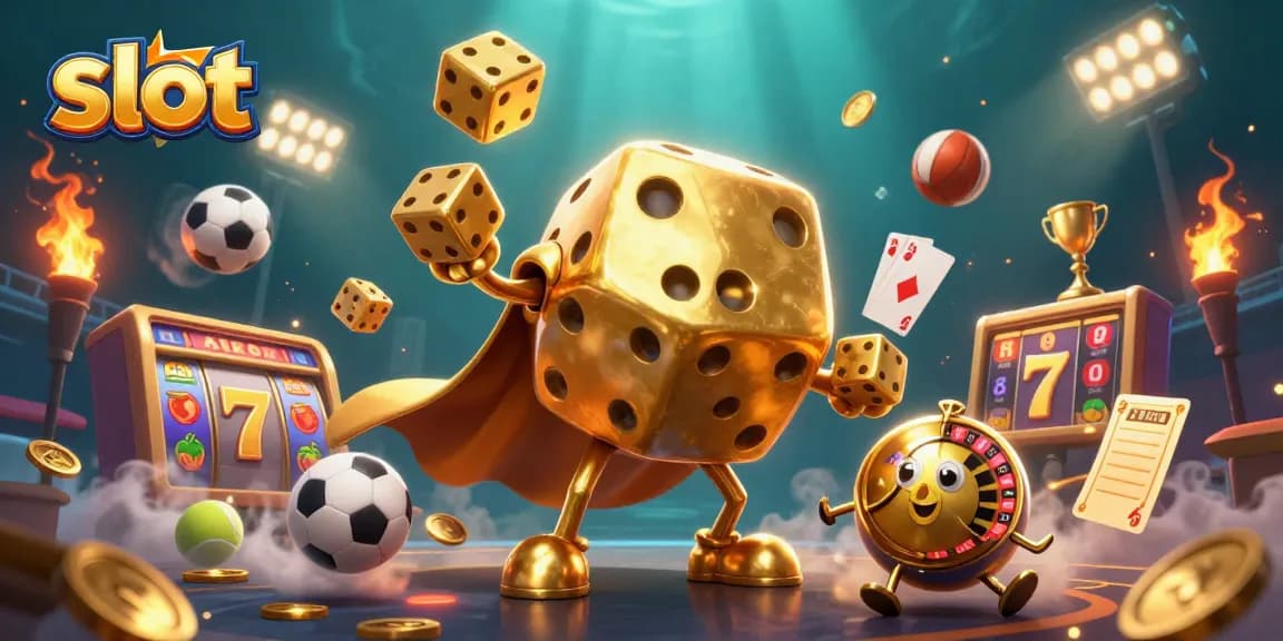 Menangkan slot jackpot gacor dengan simbol buah dan 7 keberuntungan yang mengelilingi dadu emas berwajah lucu.