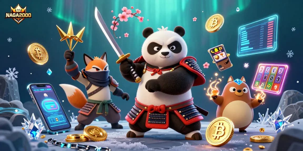 NAGA2000 menampilkan panda samurai dan rubah ninja yang menarik dalam suasana kasino yang cerah, dikelilingi oleh gulungan slot yang berputar dan elemen kripto.