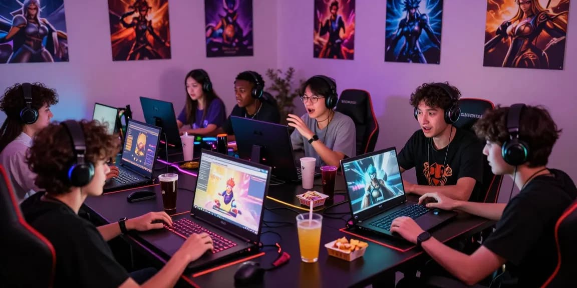Group of gamers engaged in lively discussions about nsfw ai chat interactions, showcasing colorful setups and characters.