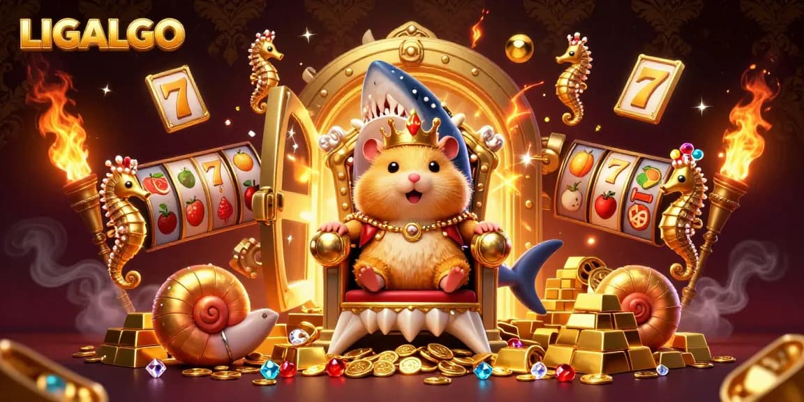 LIGALGO offers a vibrant casino experience with a golden hamster king and slot game symbols.