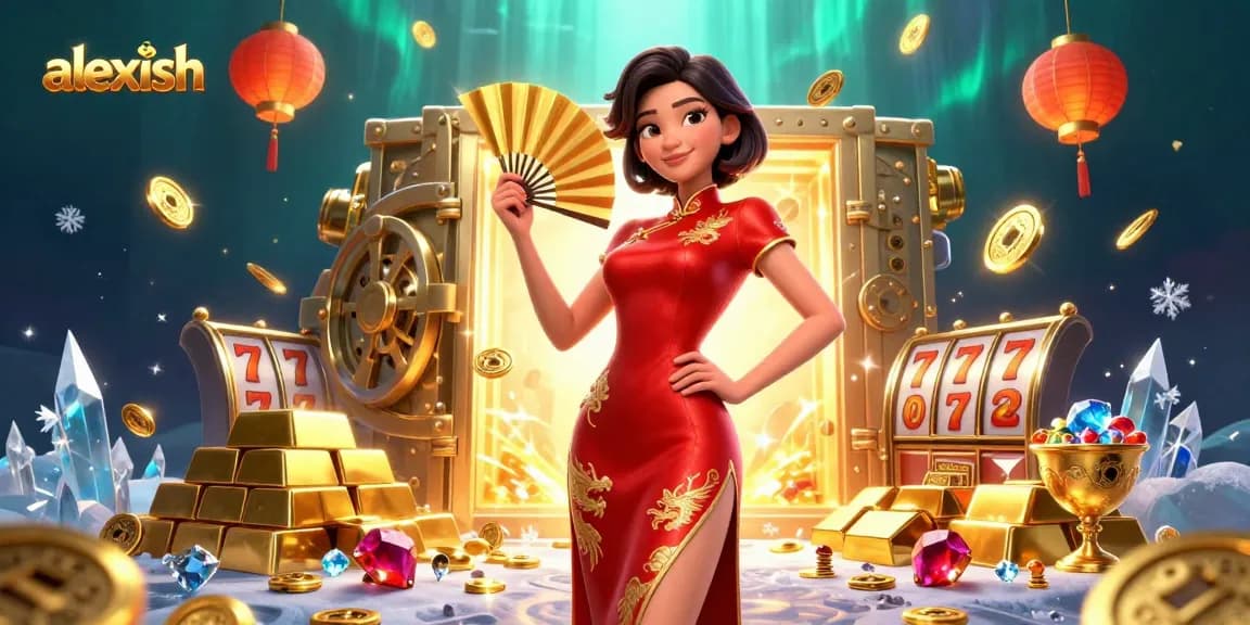 Experience excitement with alexish in a dynamic scene filled with slot reels and treasures.