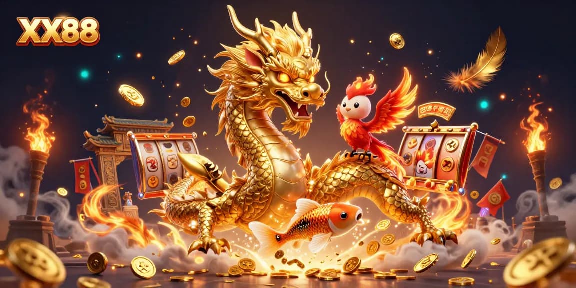 Experience thrilling gameplay with XX88, featuring a majestic golden dragon, phoenix, and koi fish amidst a vibrant casino scene.