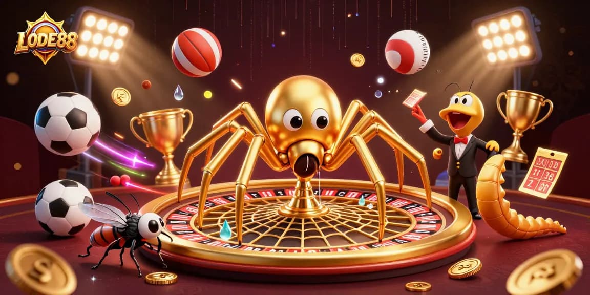 Place bets at LODE88 with engaging casino-themed 3D illustration featuring dynamic sports elements.