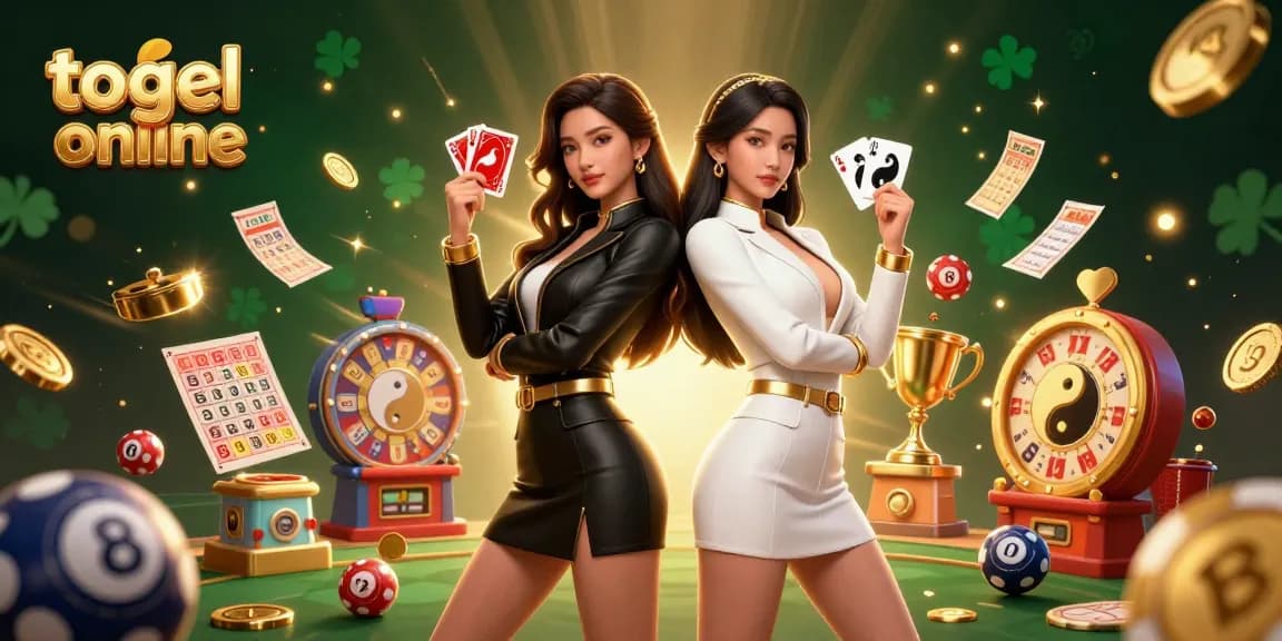 Engage in togel online with photorealistic twin Asian women, lively lottery elements, and golden accents.