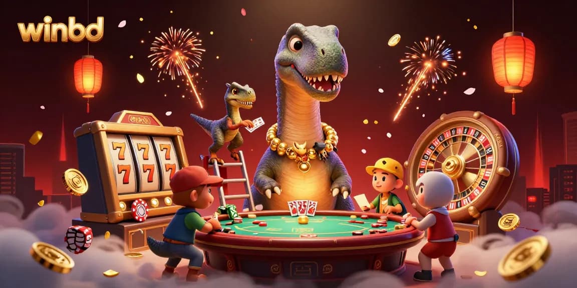 Winbd's vibrant casino scene showcases a towering brontosaurus interacting with a clever raptor dealer.
