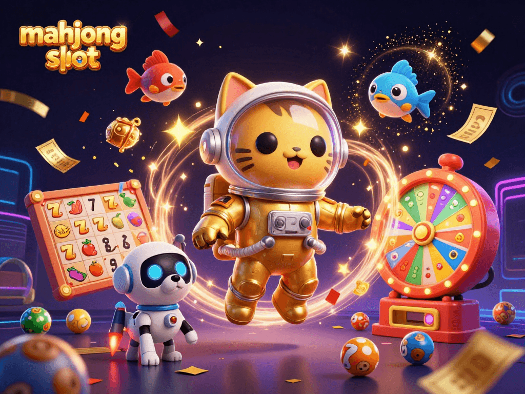 Win big with mahjong slot in this vibrant 3D casino illustration featuring creativity and excitement.