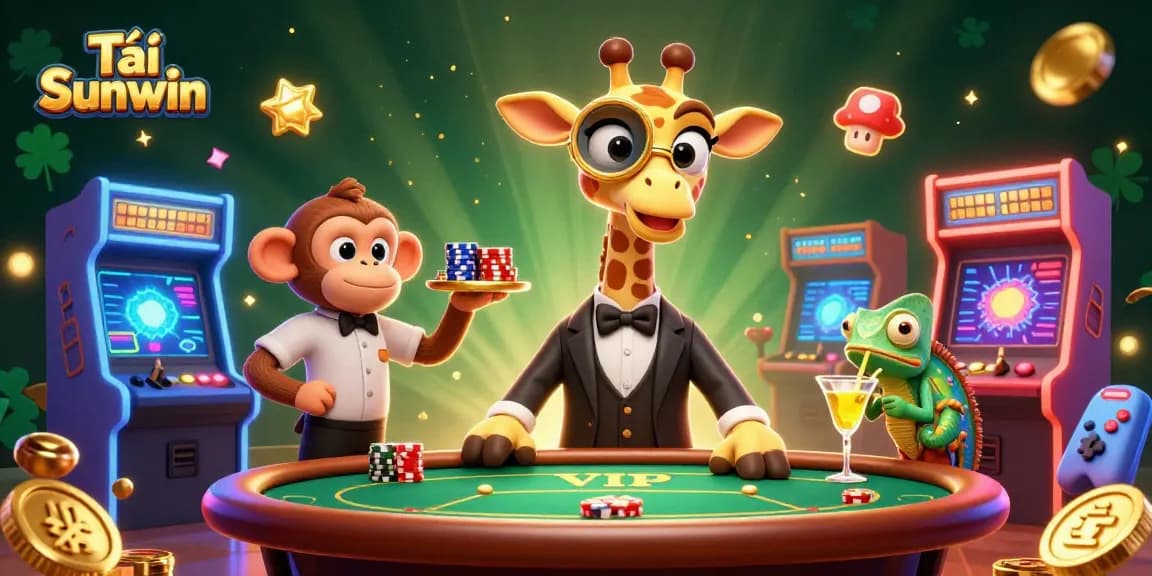 Tải Sunwin excitingly showcases a high-roller giraffe at a VIP poker table, vibrant casino gaming elements surrounding.