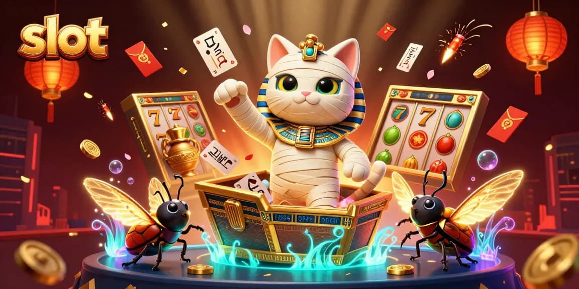 Mainkan slot dengan karakter kucing mumi yang unik di kasino piramida yang penuh warna