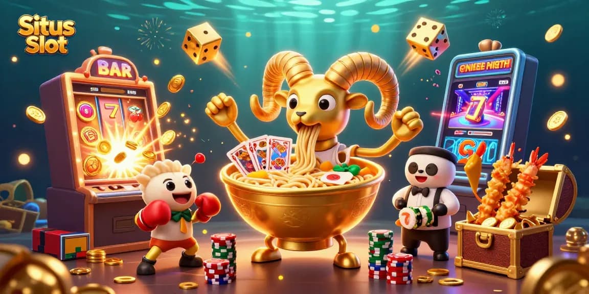 Situs Slot Resmi menampilkan ilustrasi 3D kartun penuh warna dengan elemen perjudian yang megah dan ceria.