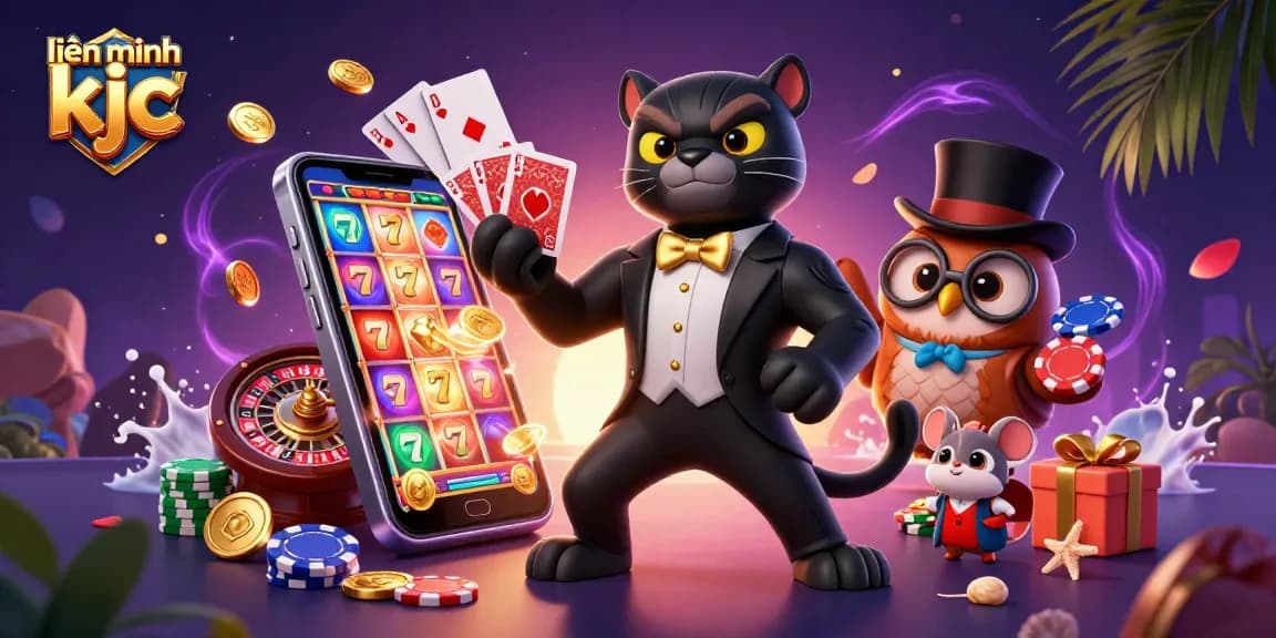 Engage in thrilling games with liên minh kjc, featuring a tuxedoed panther dealing cards amid colorful gaming elements.