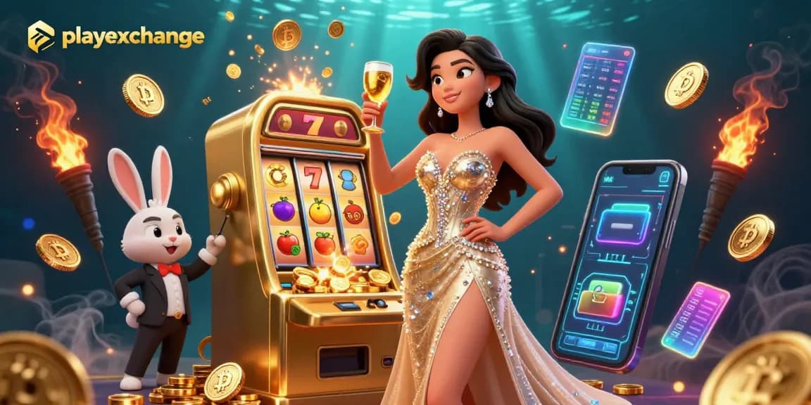 Experience playexchange with a stunning woman celebrating beside a golden jackpot slot machine amidst vibrant casino elements.