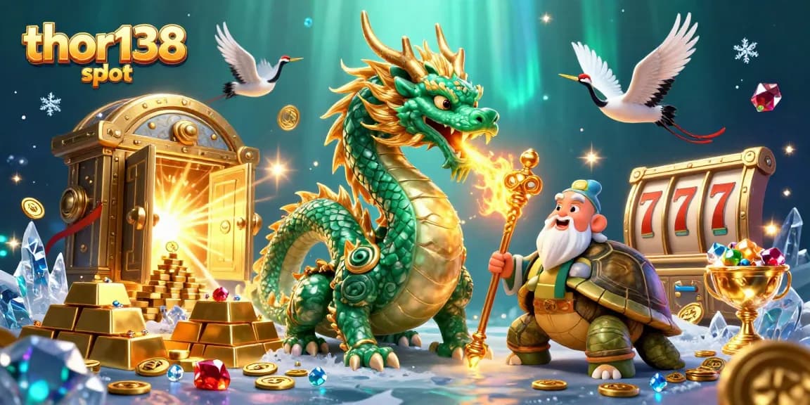 Menangkan hadiah besar dengan thor138 slot, gambar menampilkan naga giok dan karakter keberuntungan.