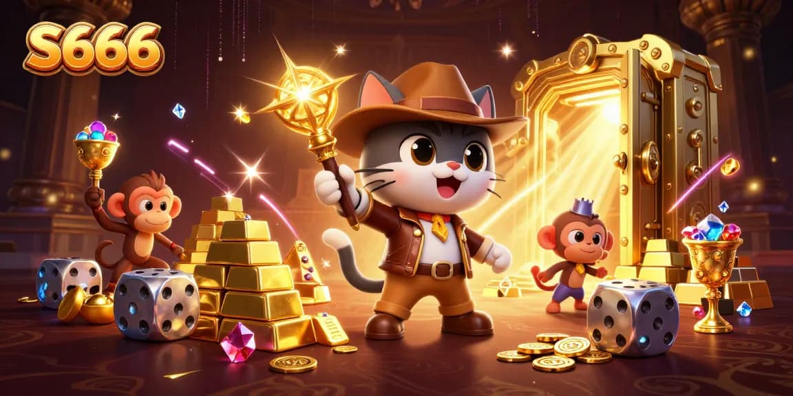 S666 players exploring a golden casino artifact amidst vibrant treasures and dynamic energy.