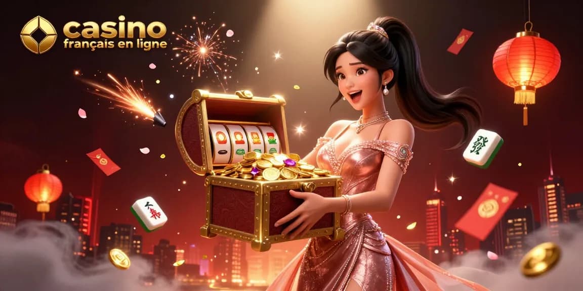 Découvrez l'excitation des casinos français en ligne avec des visuels 3D vibrants mettant en valeur des trésors et des jeux de machines à sous.