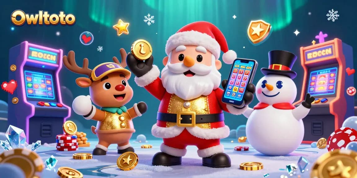 Play slots with owltoto in a festive casino scene featuring Santa, his reindeer, and a snowman.